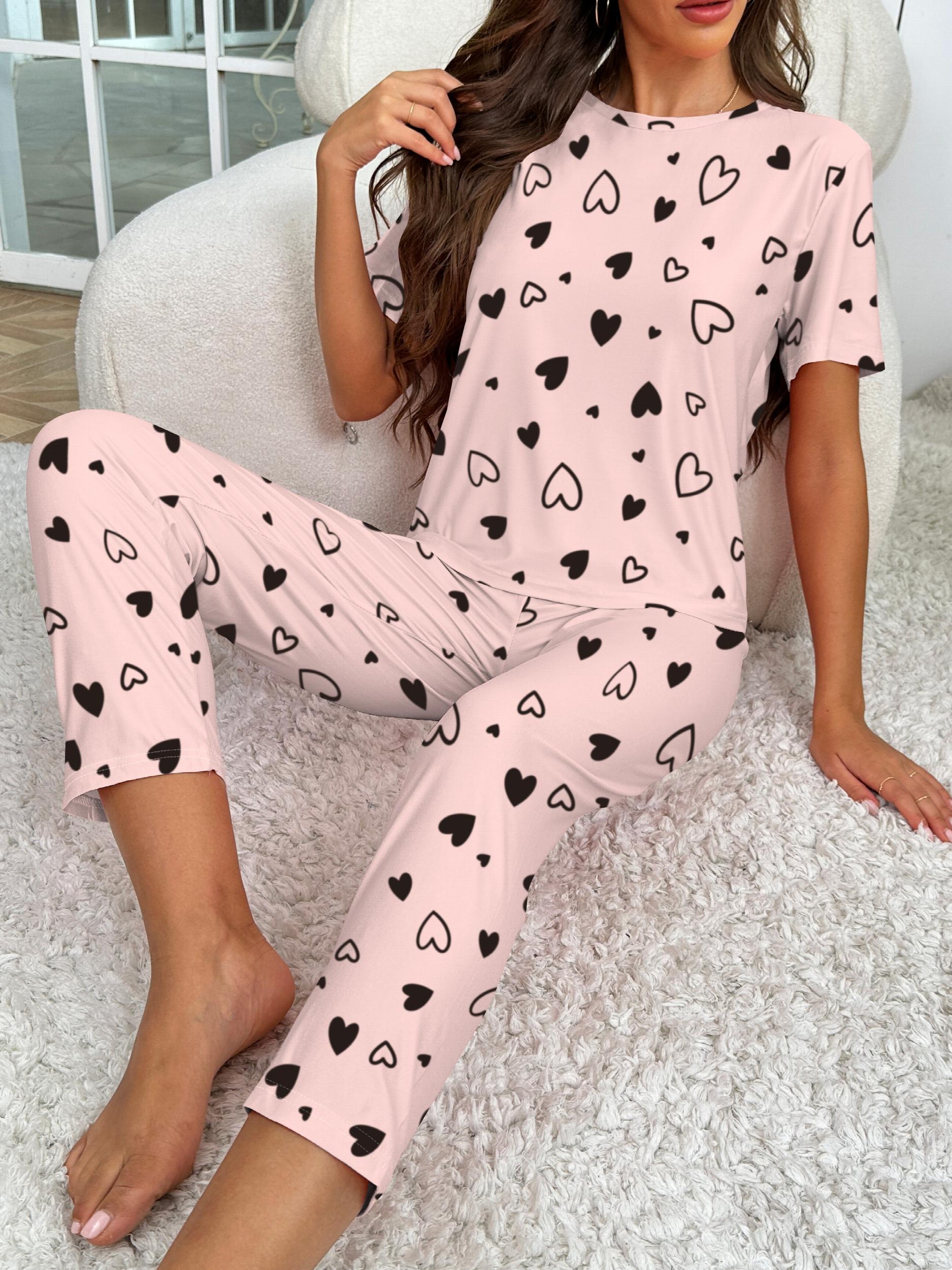 Heart Print Pajama Set Short Sleeve Top & Pants