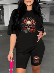 Women's Plus Floral Skull Print Top & Biker Shorts Set