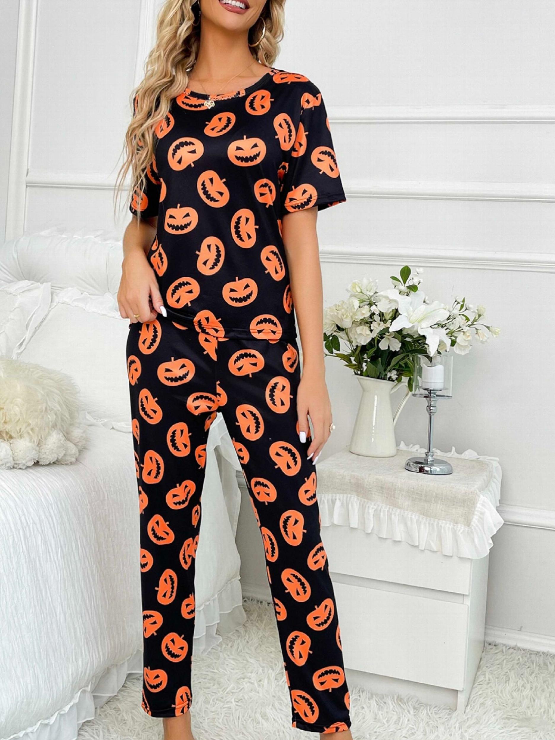 Pumpkin Print Pajama Set Short Sleeve Crew Neck Top