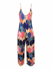 Geo Print Wide Leg Jumpsuit Sleeveless Pockets Jumpsuit