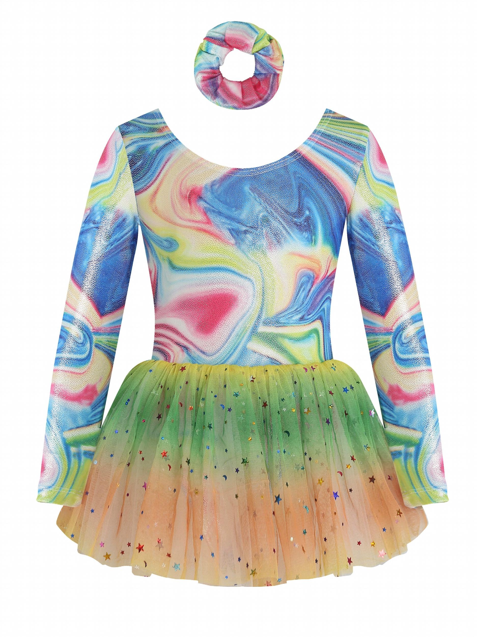 Girls Long Sleeve Back Bow Stars Sequins Tulle Tutu Patchwork Dress