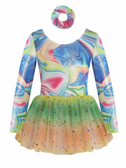 Girls Long Sleeve Back Bow Stars Sequins Tulle Tutu Patchwork Dress