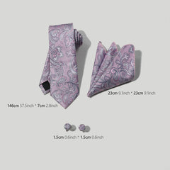 Purple Paisley Jacquard Tie Set & Lapel Pin Brooch & Handkerchief