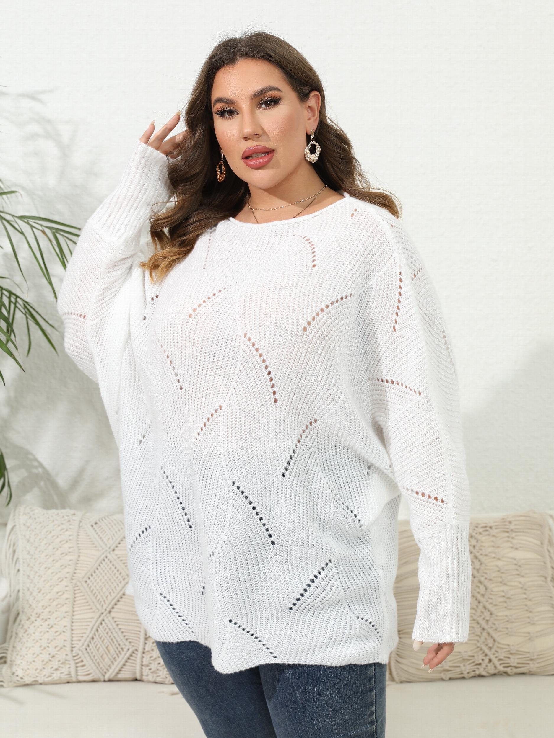 Casual Sweater Women's Plus Solid Eyelet Embroidered Bat Sleeve Round