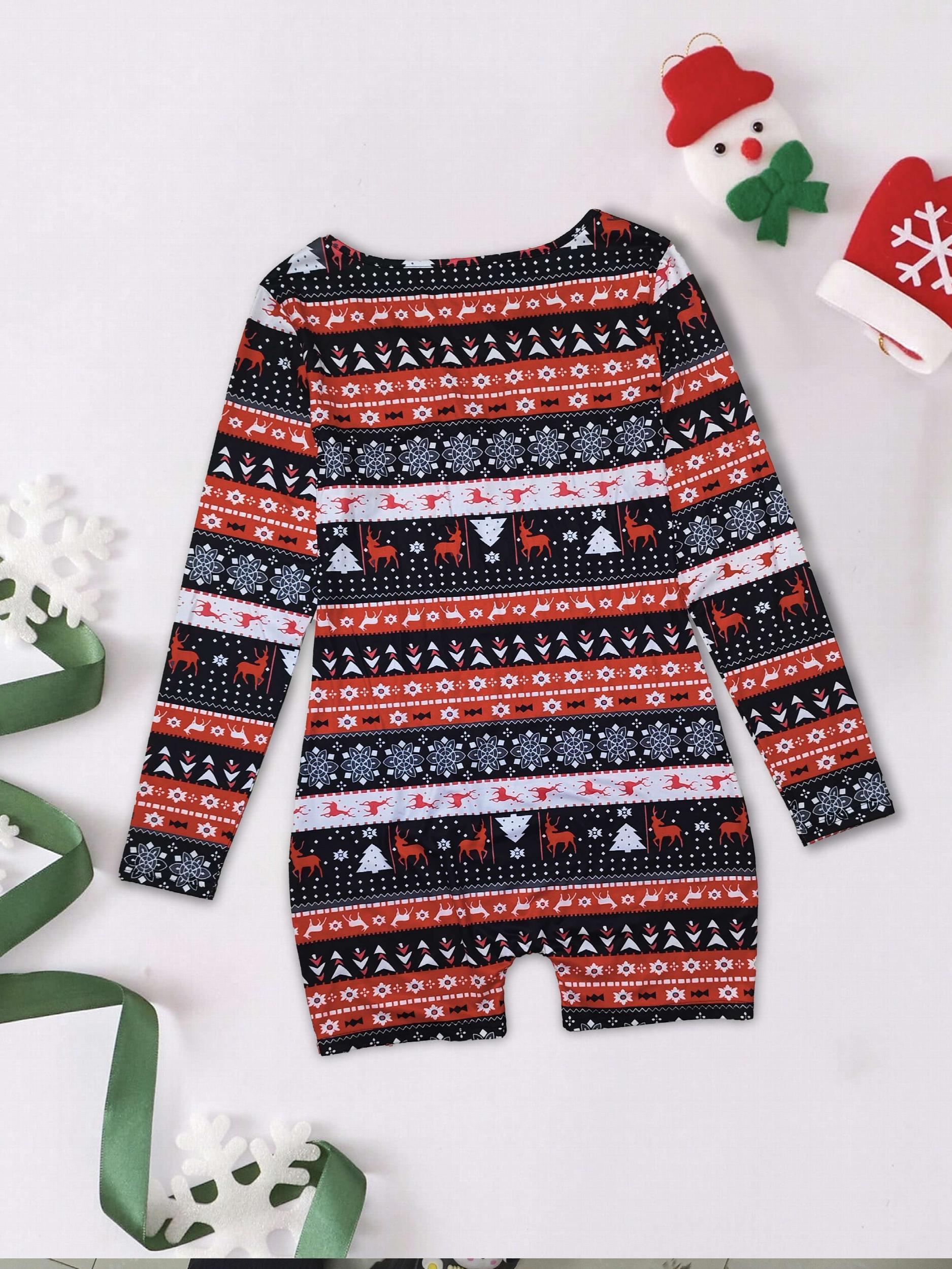 Christmas Print Pajama Romper Long Sleeve V Neck Pajamas