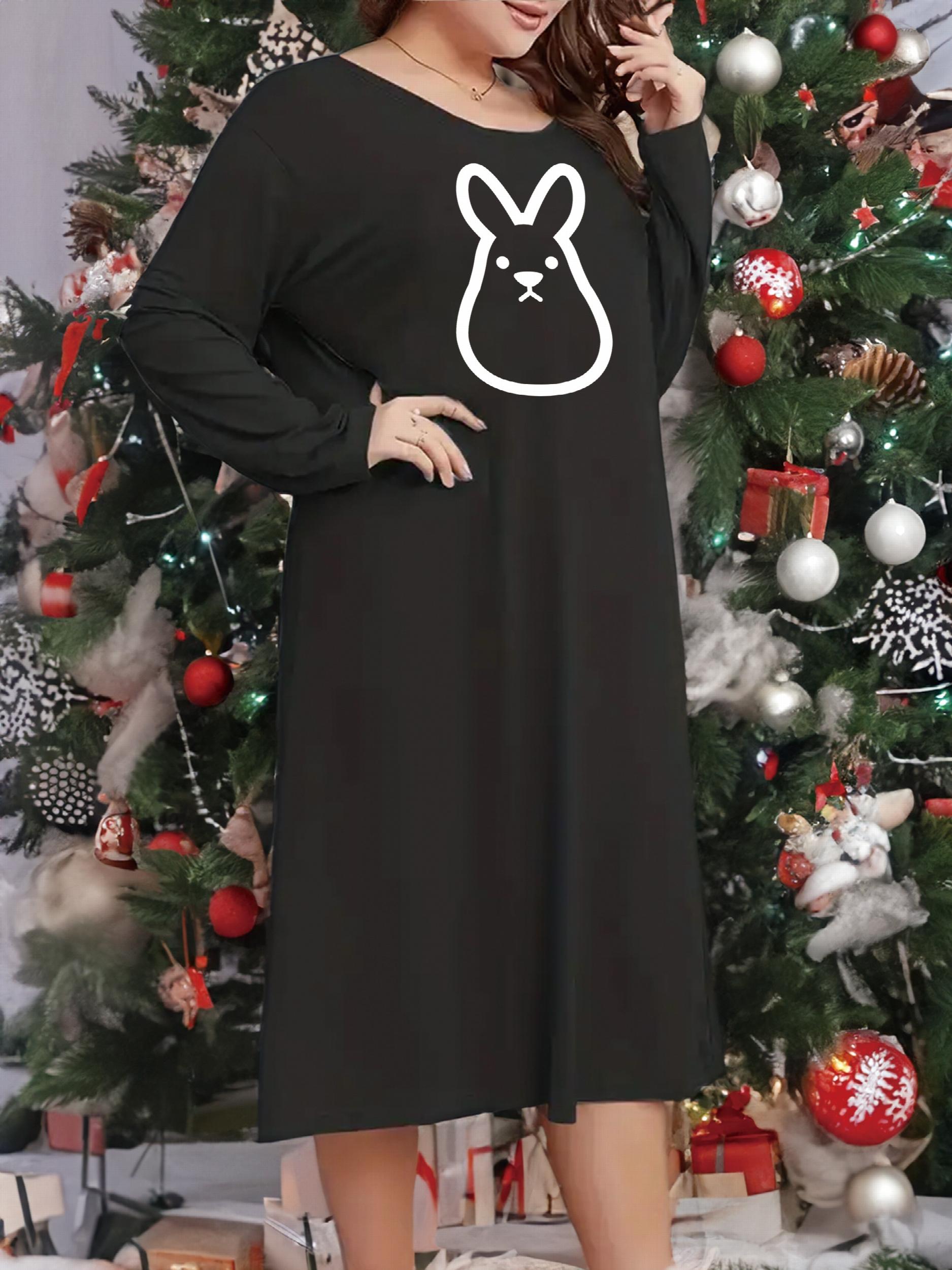 Rabbit Print Long Sleeve Round Neck Sleep Dress