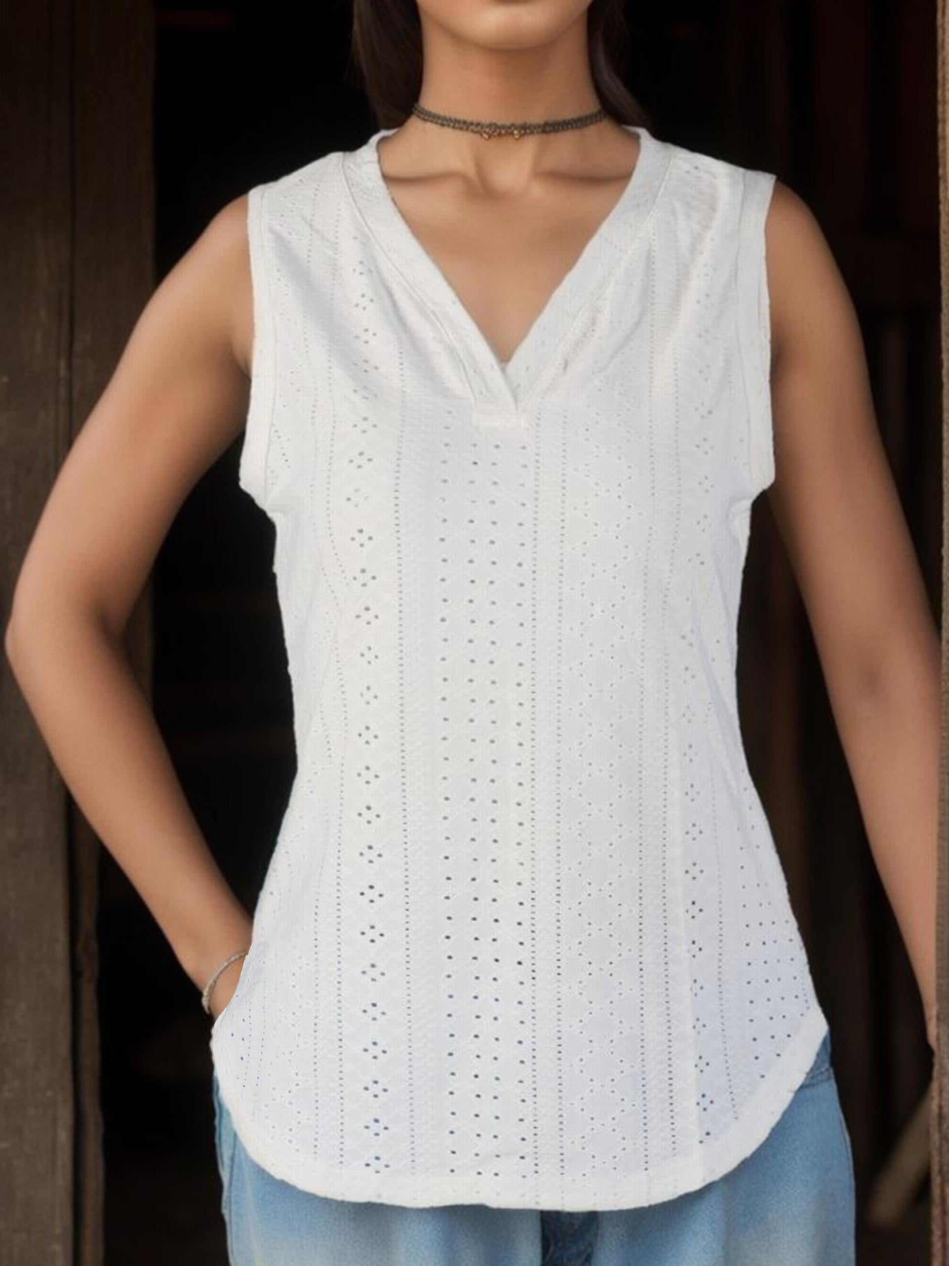 Eyelet Tank Top Casual V Neck Sleeveless Summer Women's Clothing