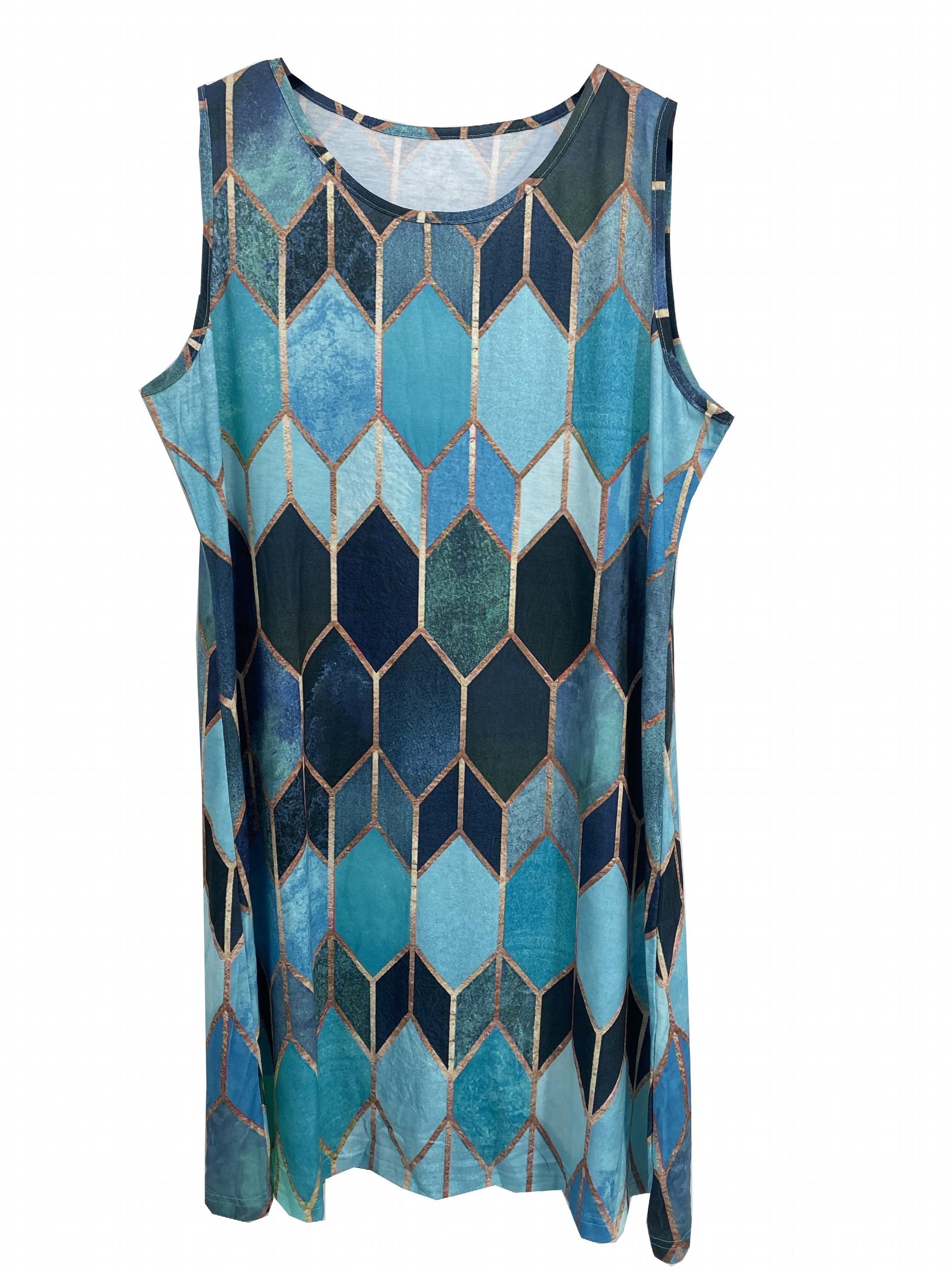 Casual Tank Dress Women's Plus Geometric Print Round Neck Dress