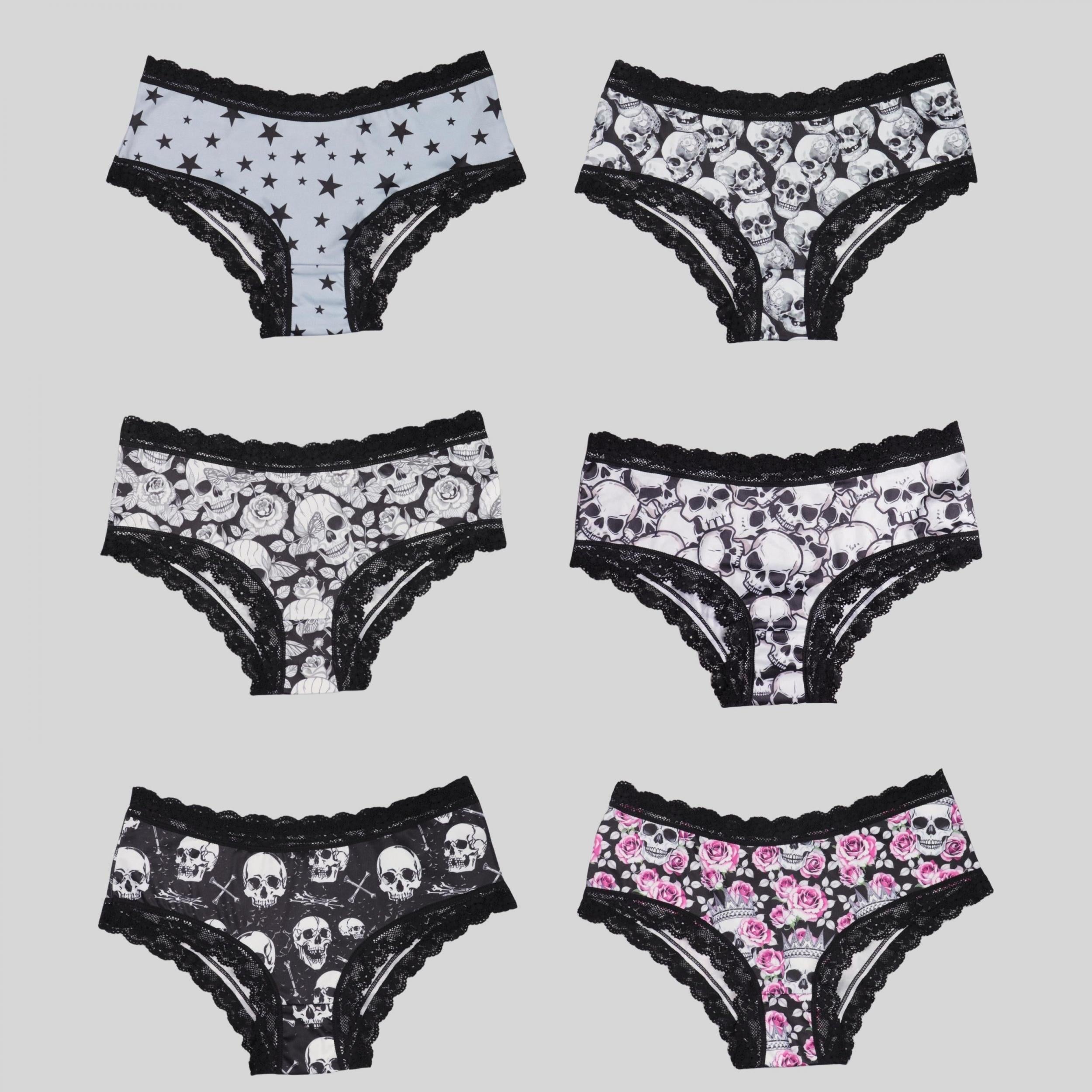 6pcs Lace Hipster Panties Skull & Floral Print Women's Lingerie