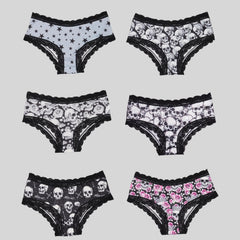 6pcs Lace Hipster Panties Skull & Floral Print Women's Lingerie