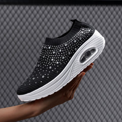 Women's Rhinestone Sporty Chunky Sneakers Fly Weaving Slip On Walking Shoes