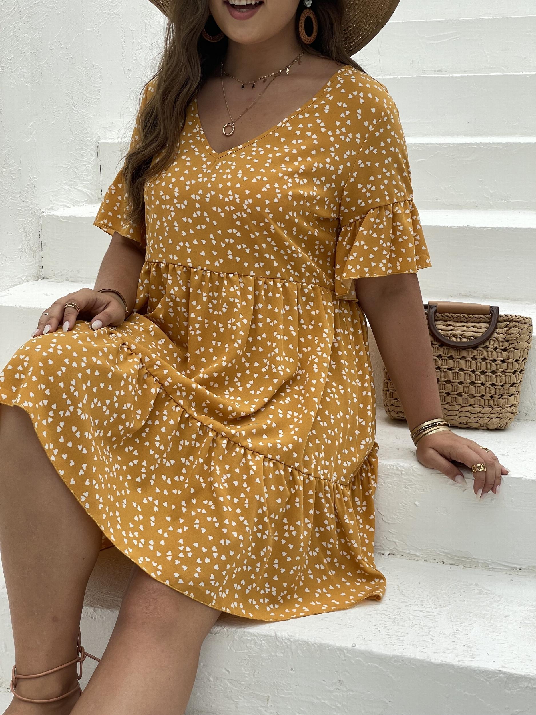 Heart Print Bell Sleeve V Neck Smock Dress