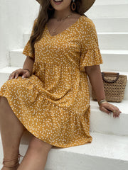 Heart Print Bell Sleeve V Neck Smock Dress