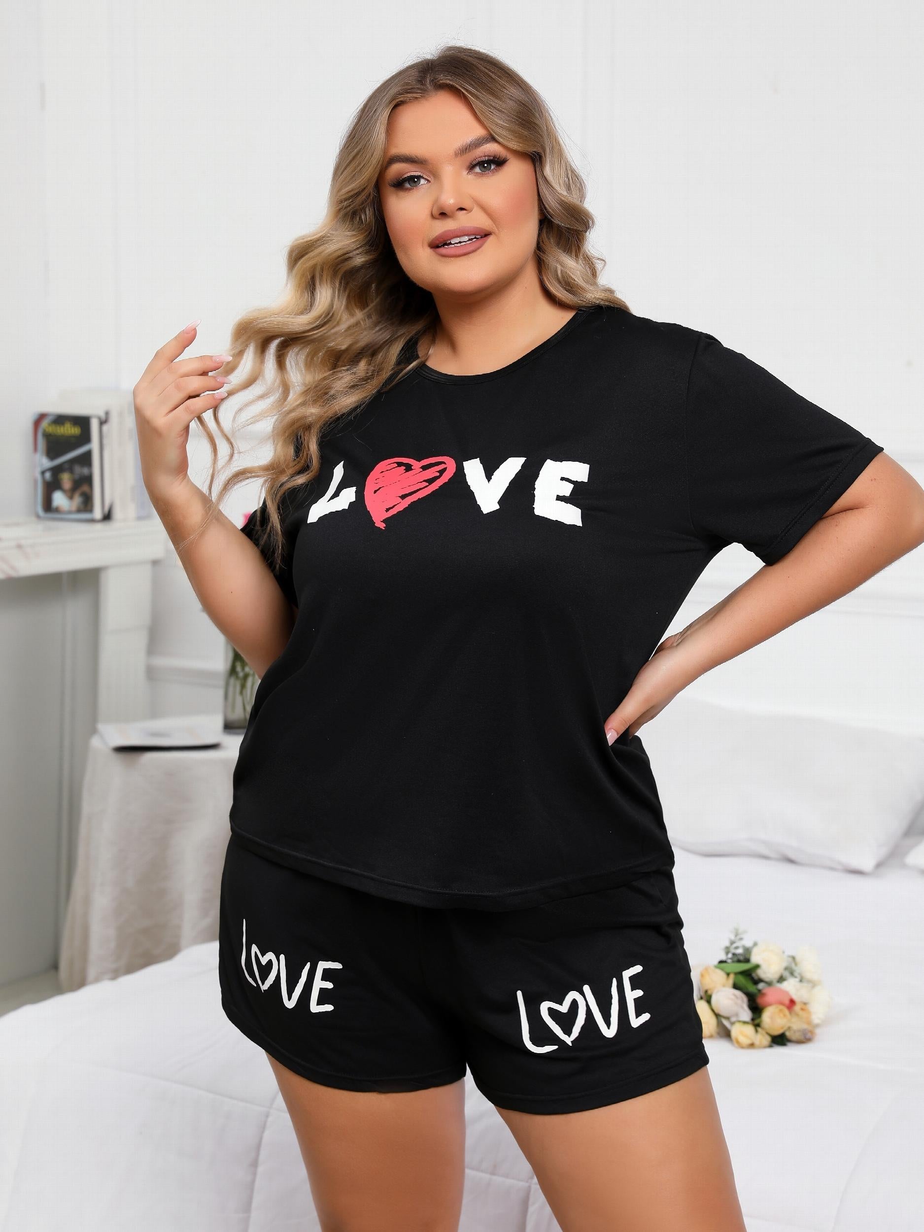 Women's Pajama Set Letter & Heart Print T Shirt & Shorts L