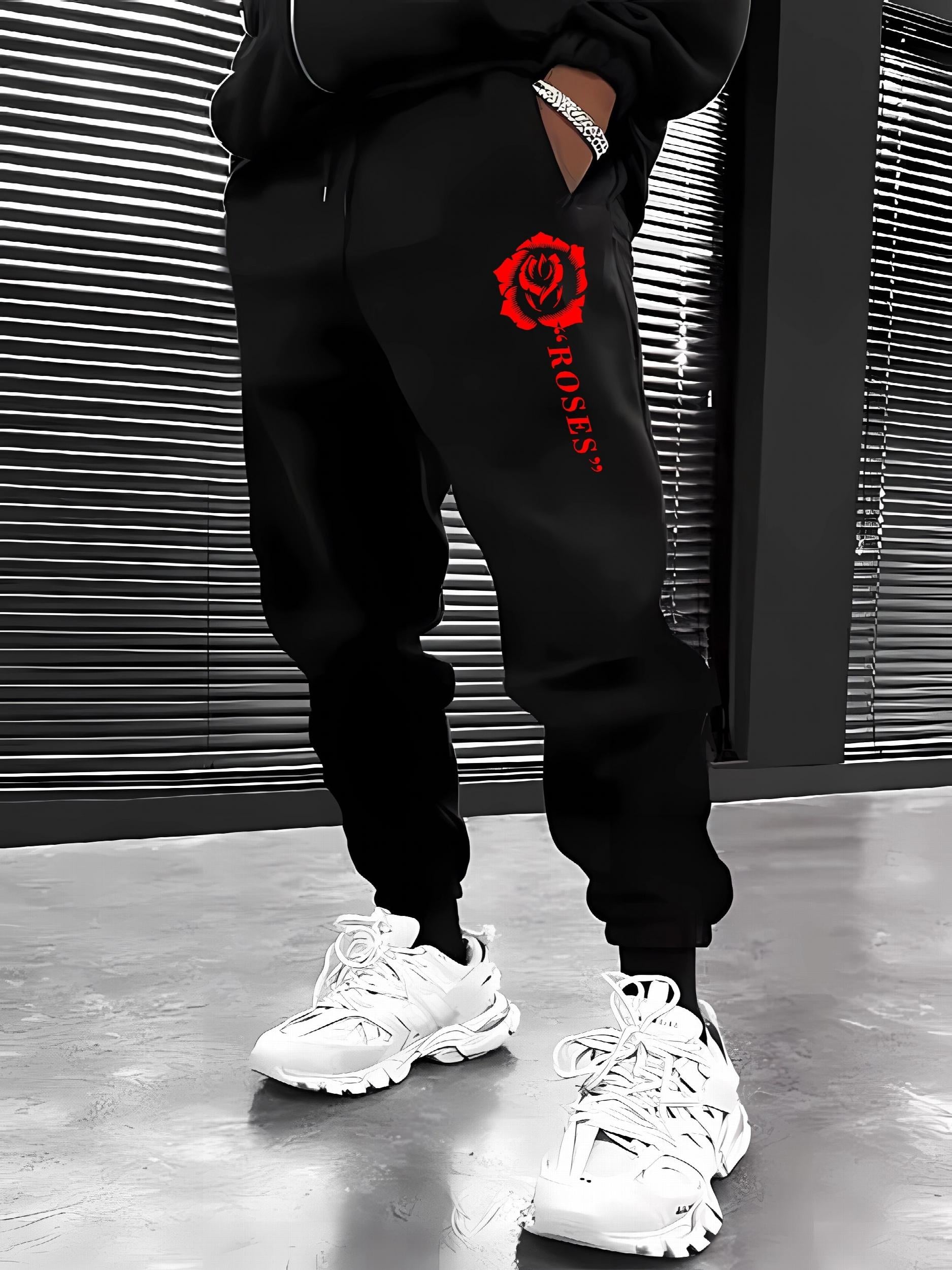 Rose Pattern Joggers Men's Casual Loose Fit Drawstring Pants