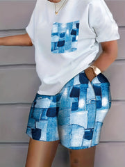 Casual Outfits Two Piece Set Women's Plus Print Top & Short Set