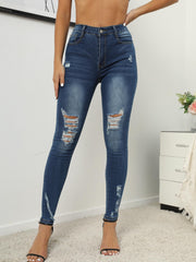 Ripped Holes Skinny Jeans Mid Stretch Casual Denim Women's Pants