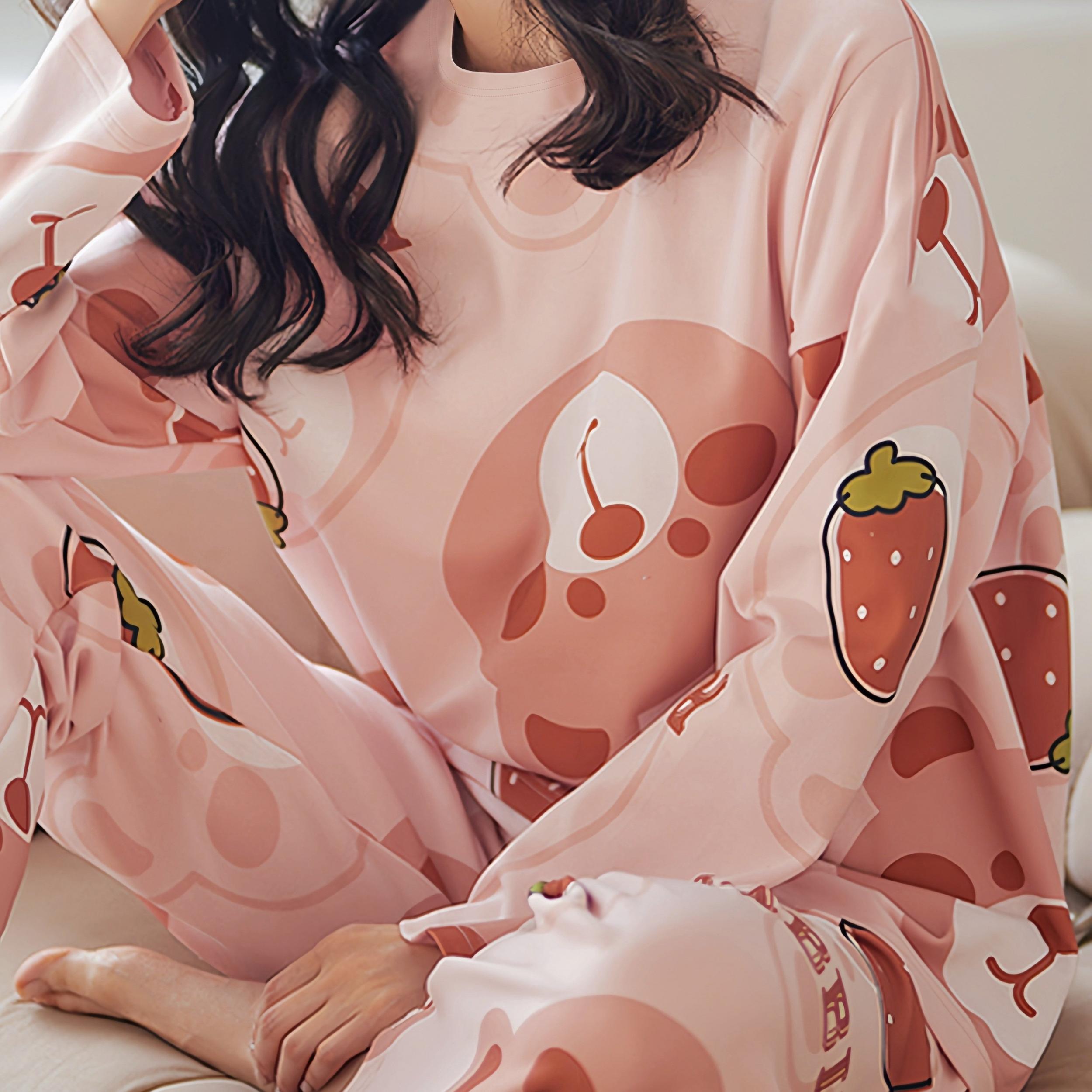 Bear Print Pajama Set Long Sleeve Top & Pants Women's Sleepwear