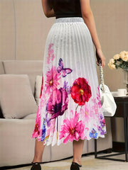 Floral Print Elastic High Rise Pleated Plus Size Maxi Skirt