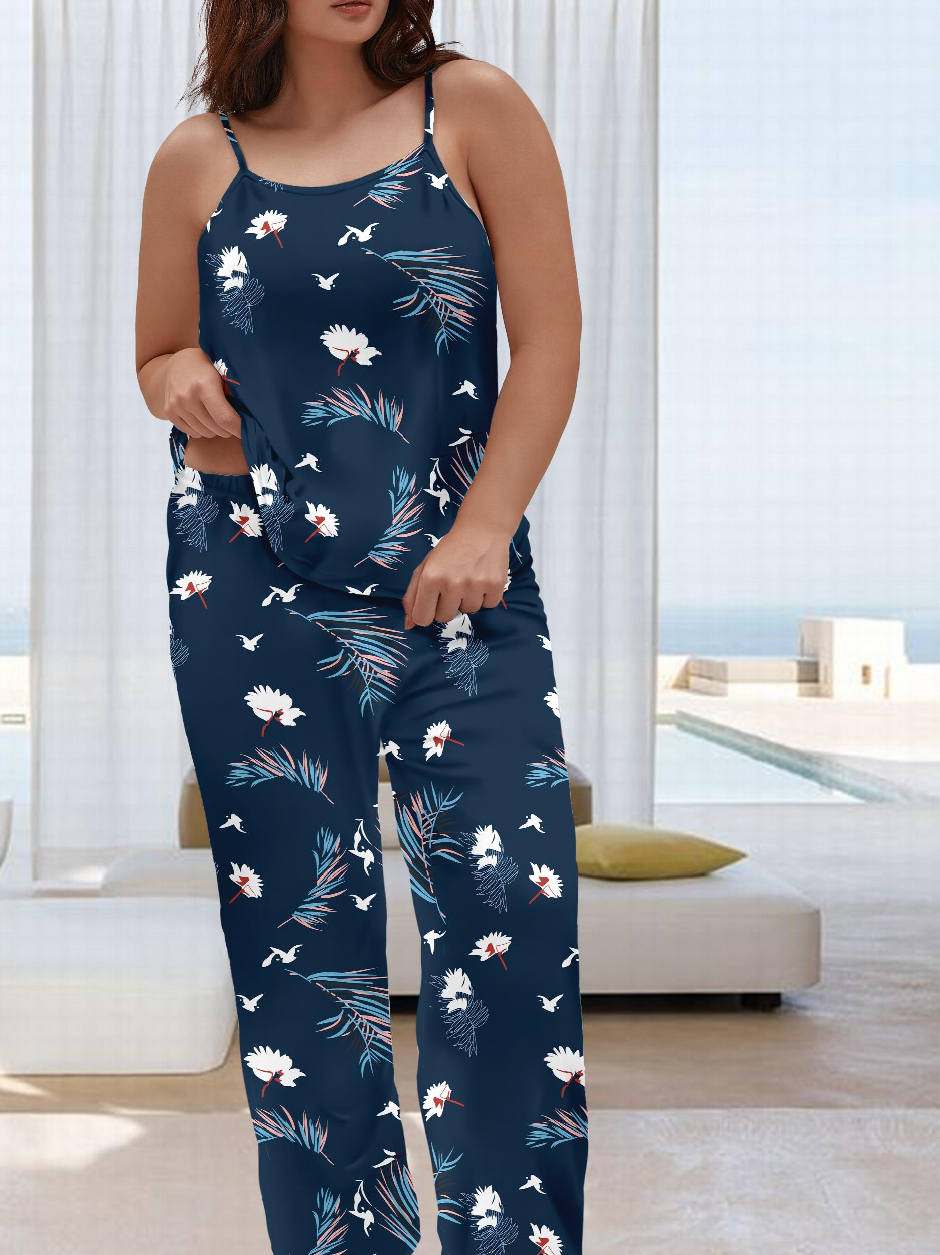Tropical Print Pajamas Set Women's Round Neck Cami Top & Wide Leg Pant