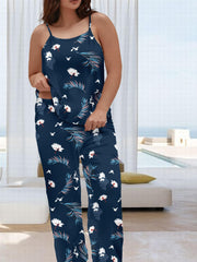 Tropical Print Pajamas Set Women's Round Neck Cami Top & Wide Leg Pant