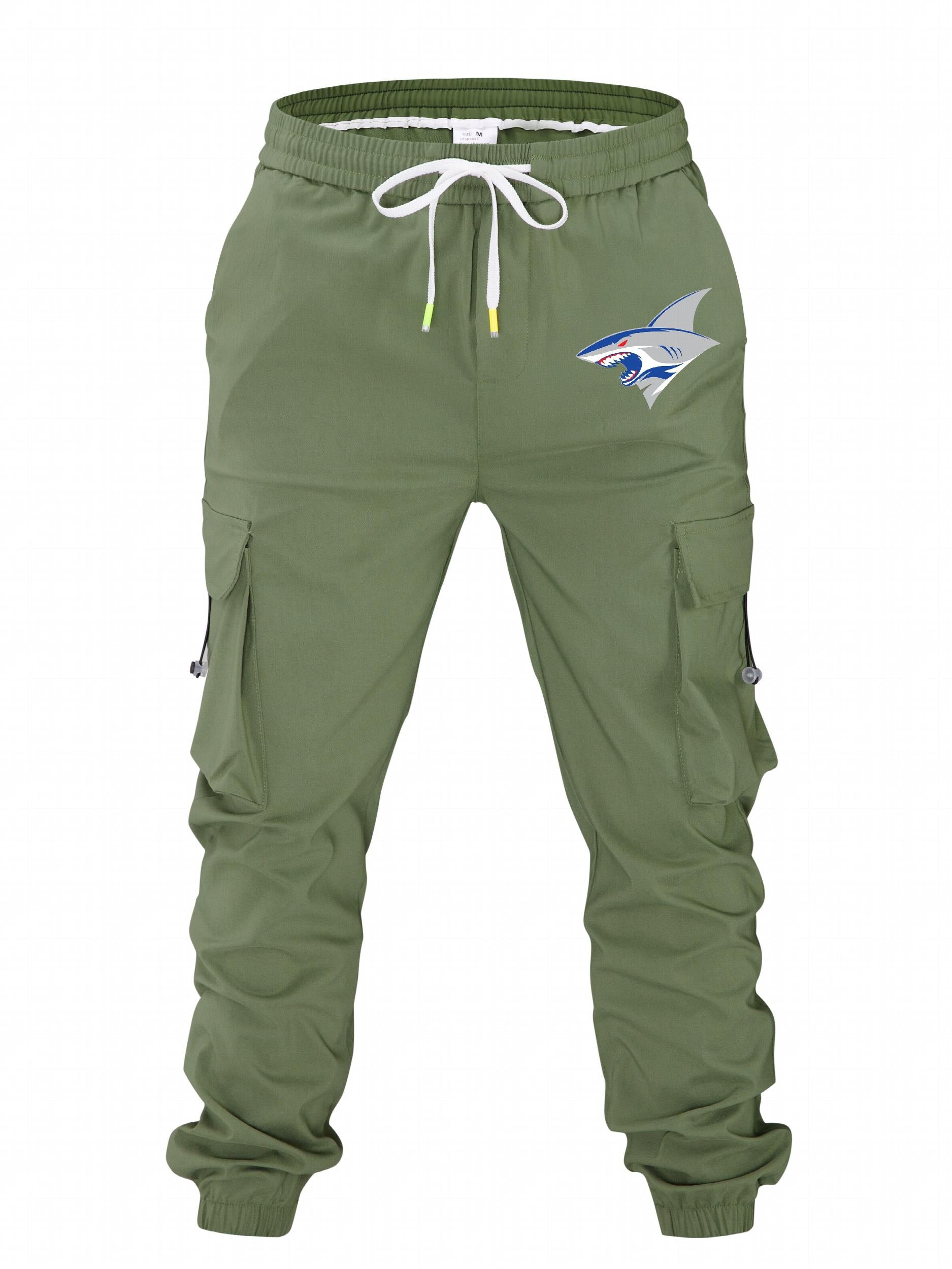 Mens Cartoon Shark Print Cargo Pants Loose Fit Drawstring Joggers