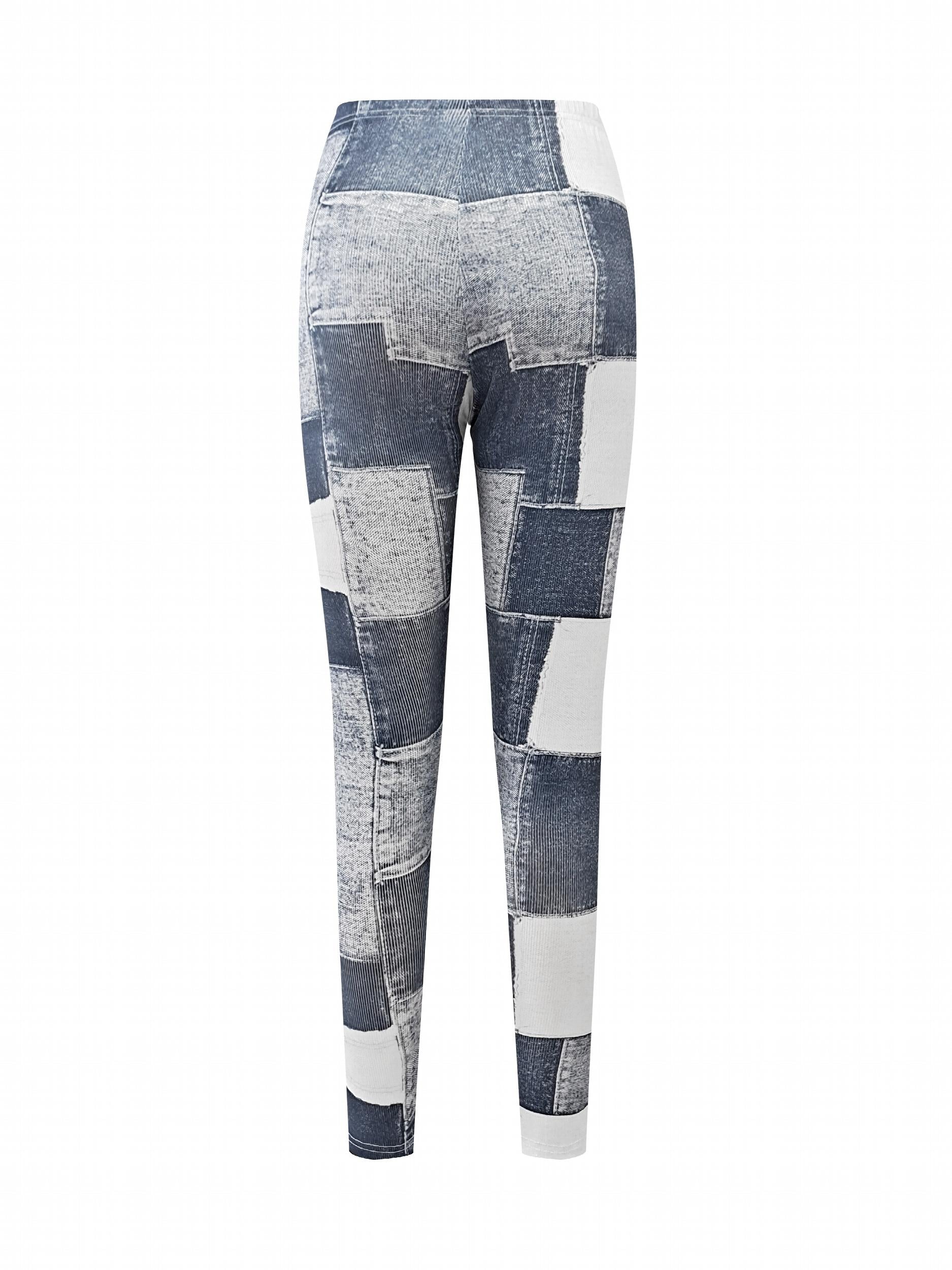 Block Stitching Faux Denim Yoga Pants
