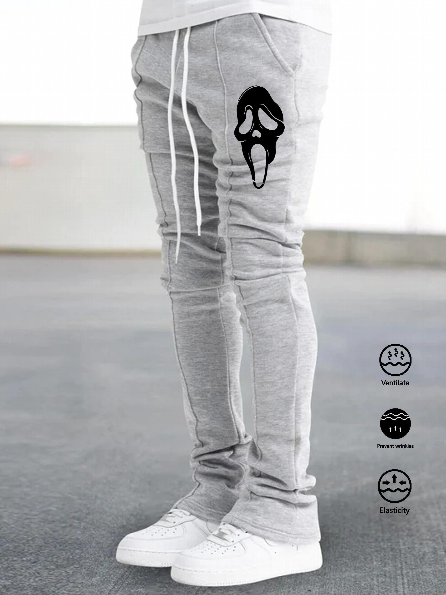Skull Pattern Bell Bottomed Pants Men's Casual Stretch Hip Hop Style Joggers