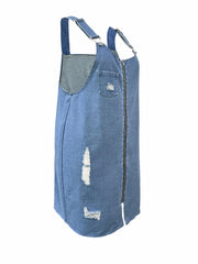 Casual Denim Overall Dress Women's Plus Solid Ripped Zipper Buckle