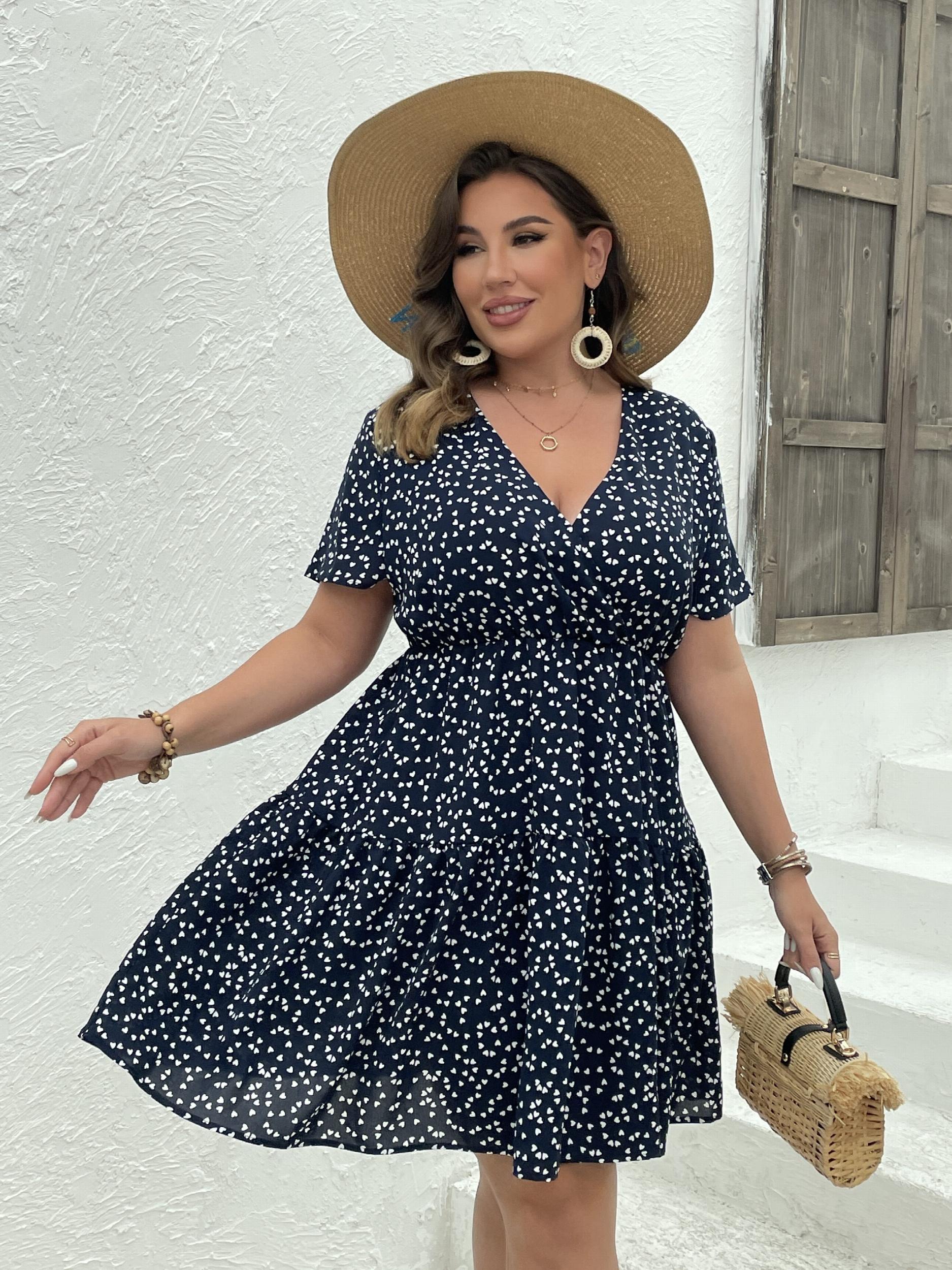 Pin Dots Print V Neck Midi Smock Dress