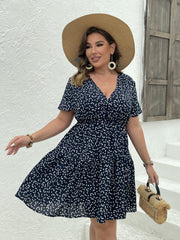 Pin Dots Print V Neck Midi Smock Dress