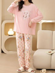 Cartoon Print Pajama Set Long Sleeve Top & Plaid Pants