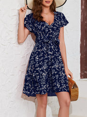 Floral Print Surplice Neck Dress Ruffle Sleeve Belted