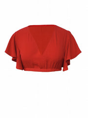 Solid Flutter Sleeve V Neck Crop Top & Shorts Set