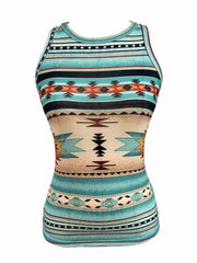 Ethnic Print Crew Neck Tank Top Sleeveless Summer Women's Clothing