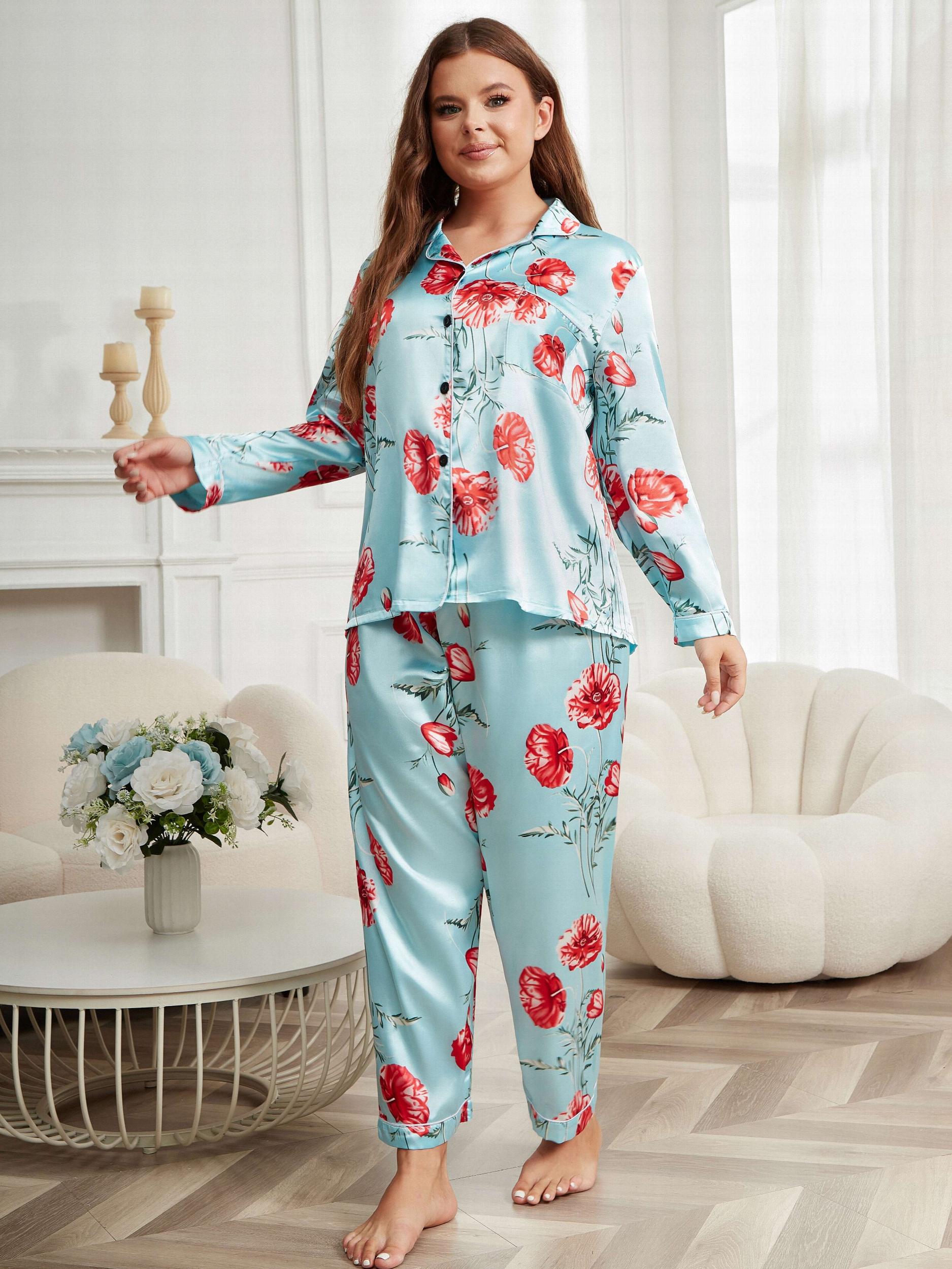 Satin Floral Print Pajama Set Long Sleeve Shirt & Pants Two Piece