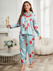 Satin Floral Print Pajama Set Long Sleeve Shirt & Pants Two Piece