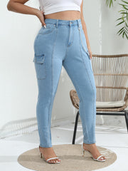 Solid High Rise Skinny Cargo Jeans With Pockets