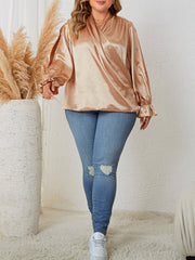Surplice Neck Satin Blouse Ruched Sleeve Top
