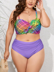 Colorblock Plaid Bow Knot Bra & Solid Ruched Underwear Swimsuit Set