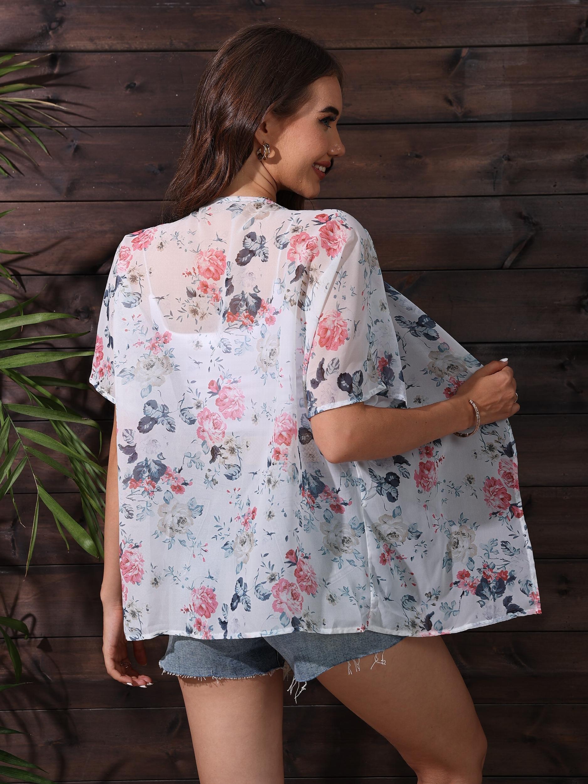 Floral Print Batwing Sleeve Kimono Cardigan Semi Sheer Chiffon Coverup