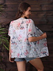 Floral Print Batwing Sleeve Kimono Cardigan Semi Sheer Chiffon Coverup