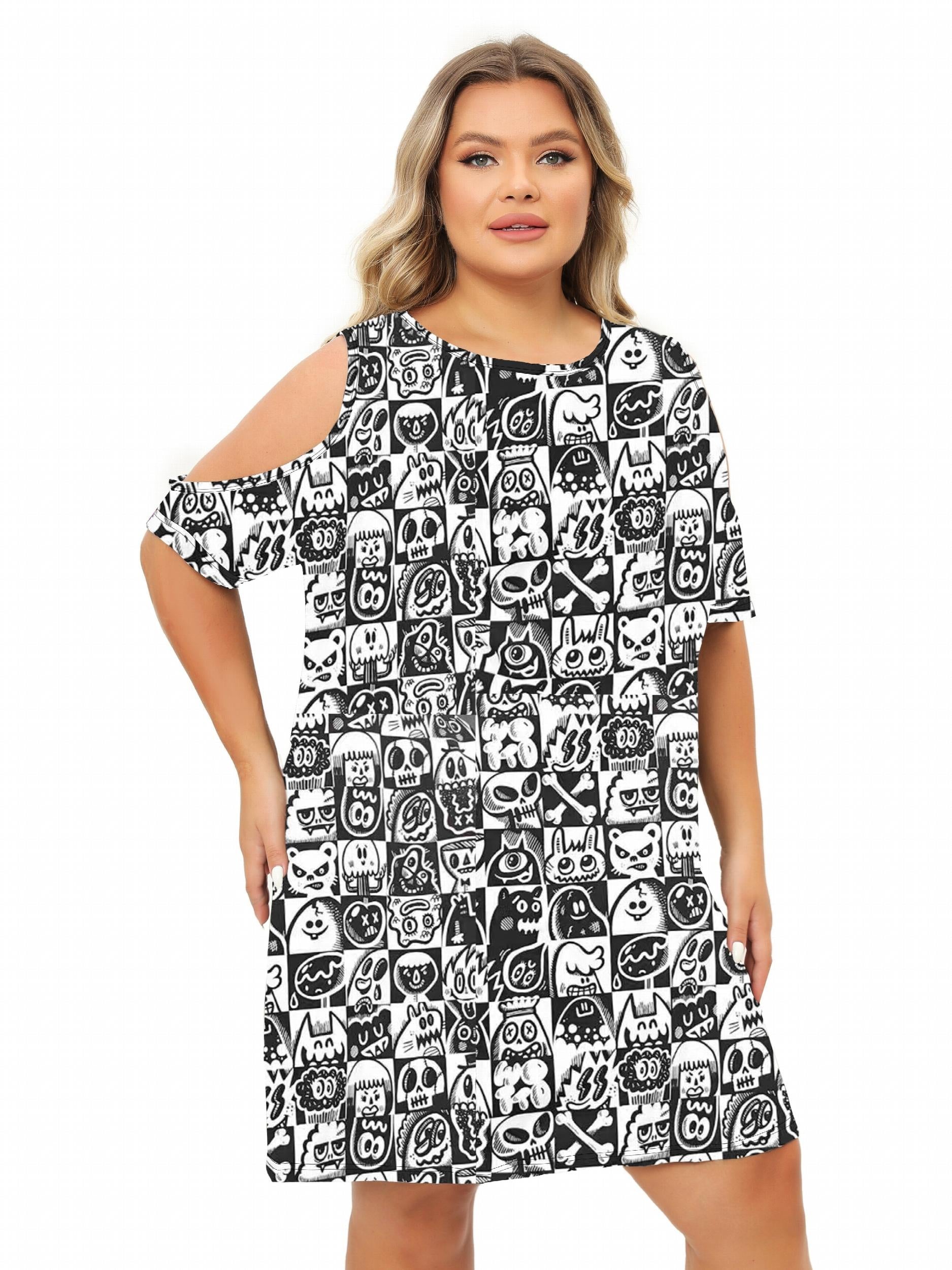 Cartoon Print Cold Shoulder Tee Sleep Dress
