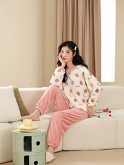 Cartoon Print Pajama Set Warm Long Sleeve Crew Neck Top & Lounge Pants