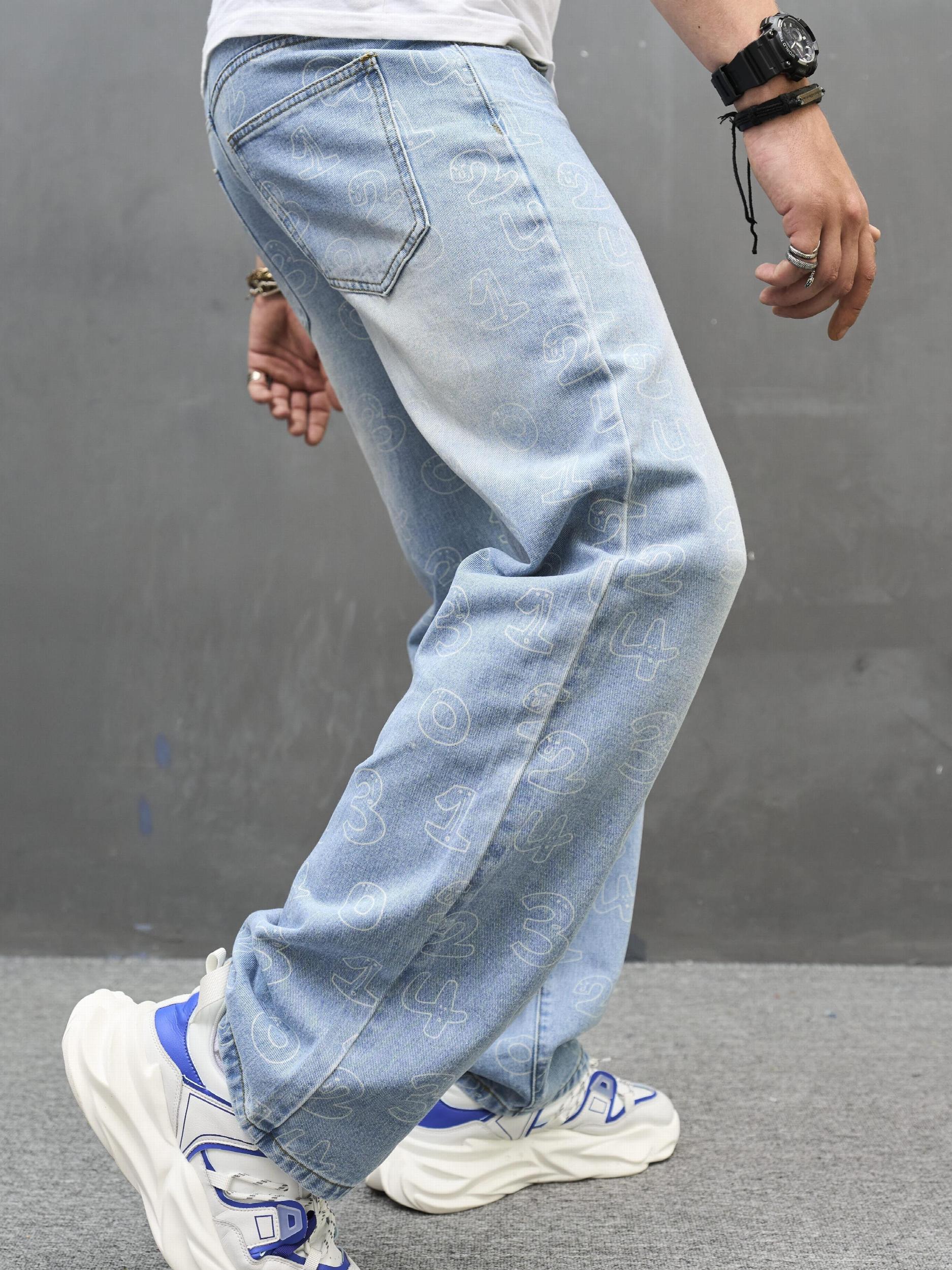 Men's Loose Fit Number Print Jeans Casual Denim Pants