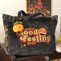 Vintage Denim Embroidery Casual Tote Bag Large Capacity Shopping Handbag