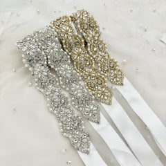 Handcrafted Golden Bridal Sash with Glass Beads & Rhjsonestones