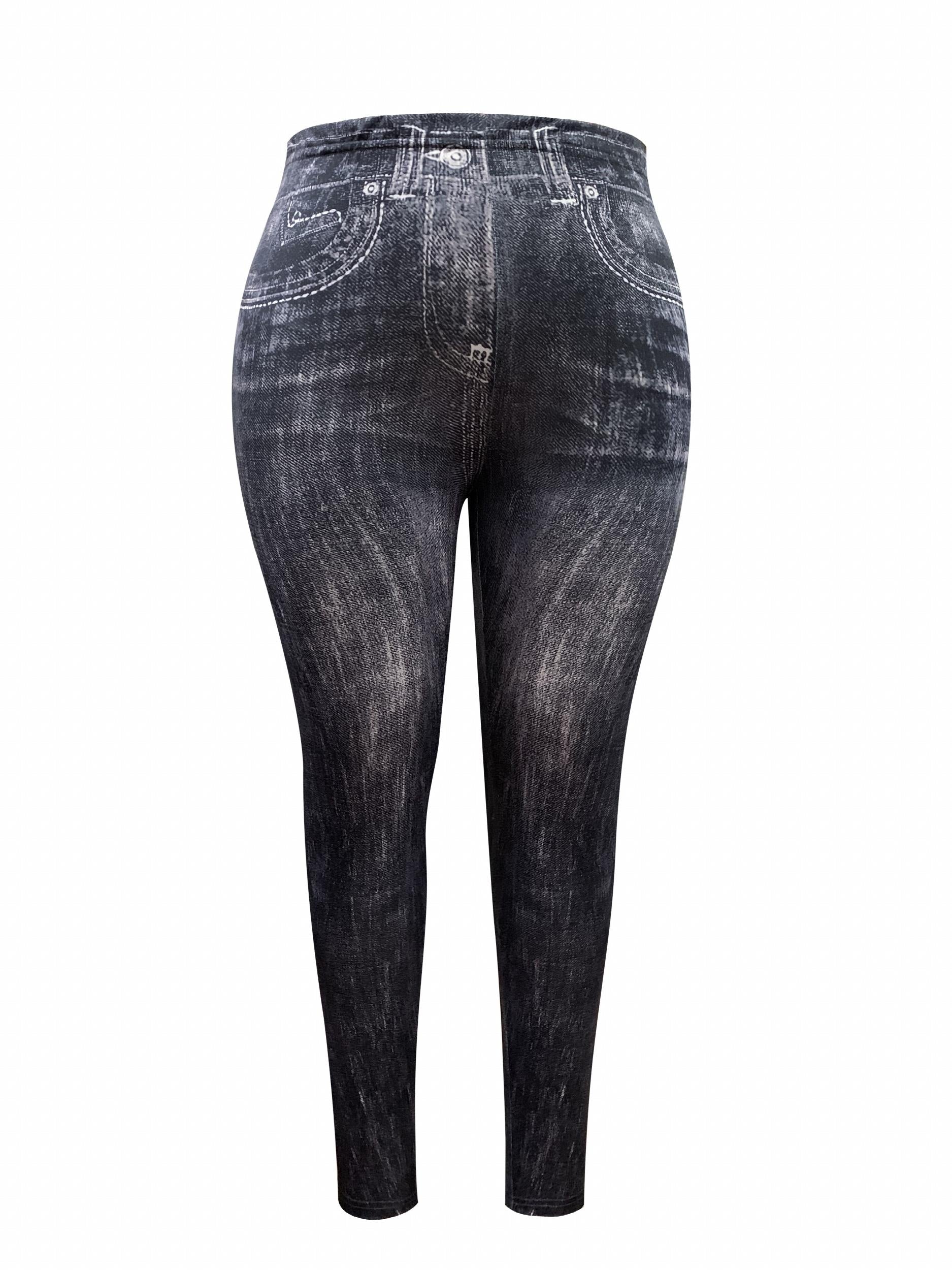Distressed Denim Print High Rise Leggings Plus Size