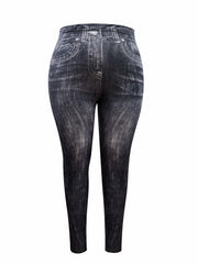 Distressed Denim Print High Rise Leggings Plus Size