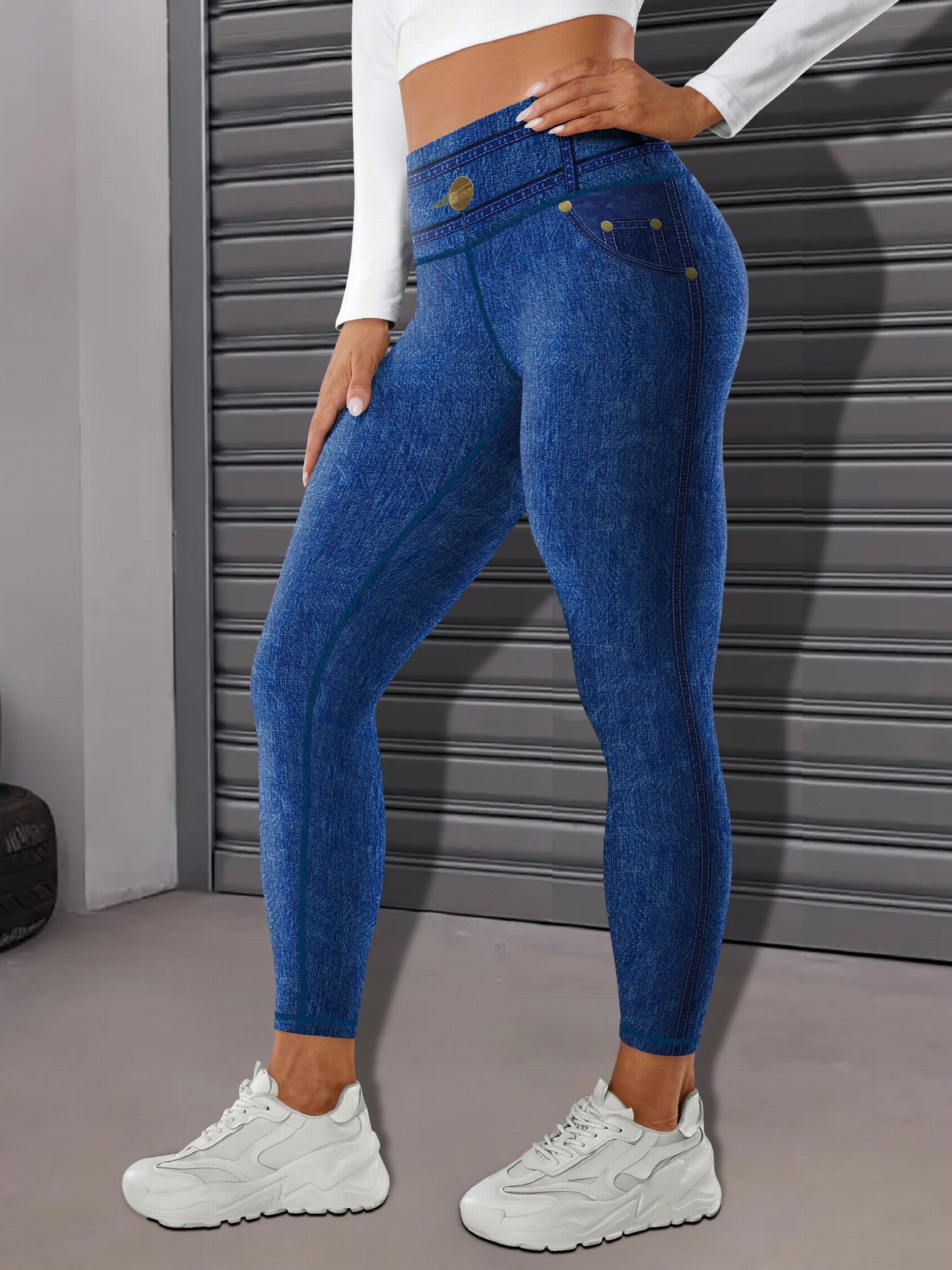 Faux Denim Print Yoga Leggings High Waist Butt Lifting Tummy Control